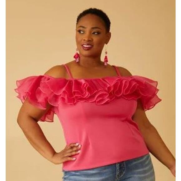 PLUS Size 30/32 - 5X | Stretch Scuba Knit Camisole Top With Organza Ruffles - Picture 1 of 4